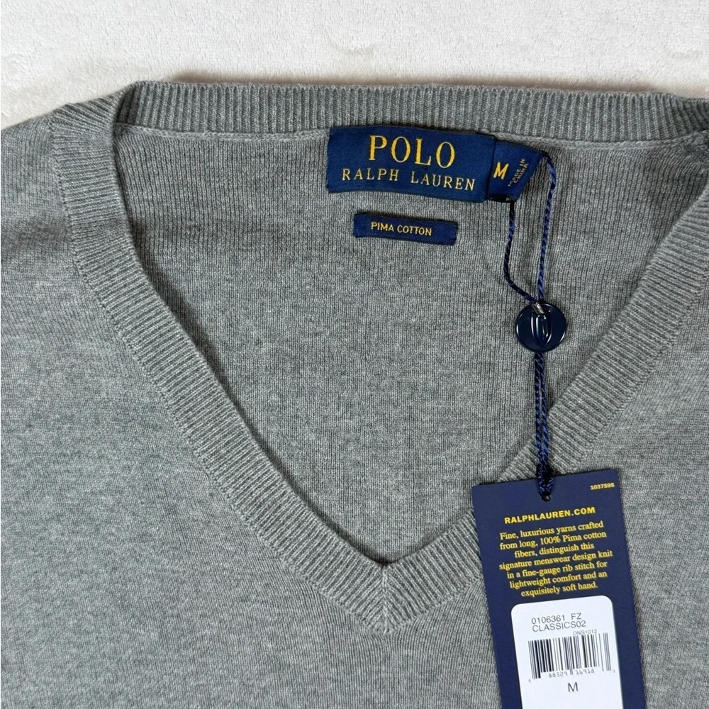 NWT Polo Ralph Lauren Medium Pima Cotton V-Neck Sweater in Gray With Horse Logo